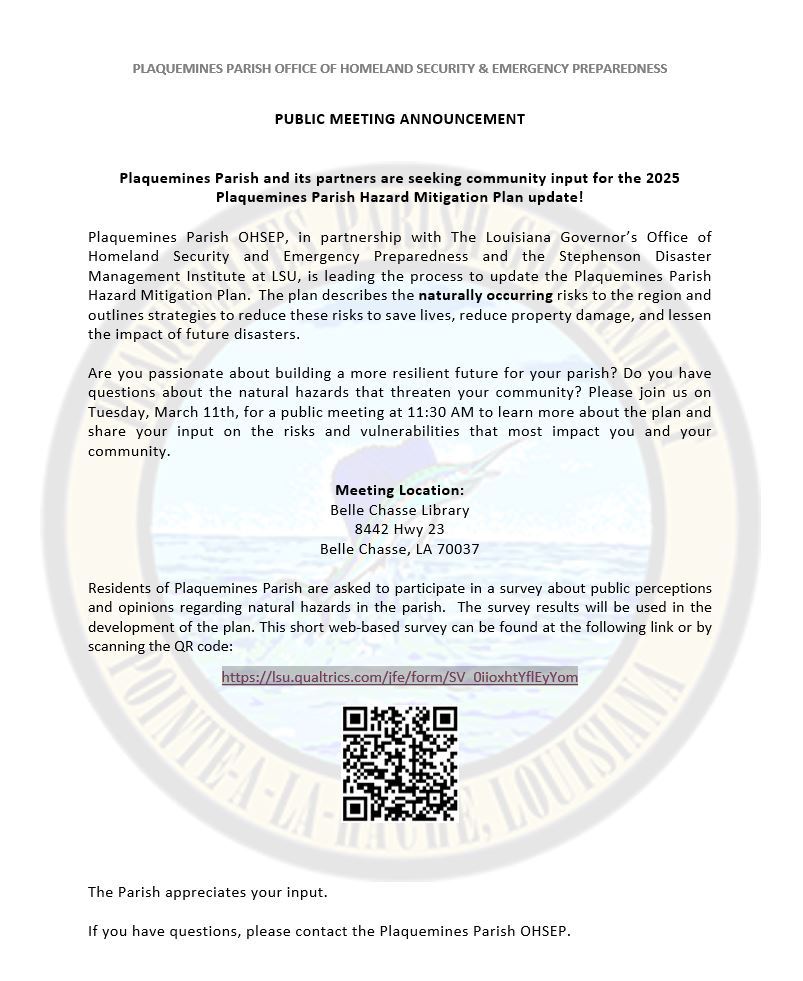 Plaquemines Parish Hazard Mitigation Plan Update Public Meeting