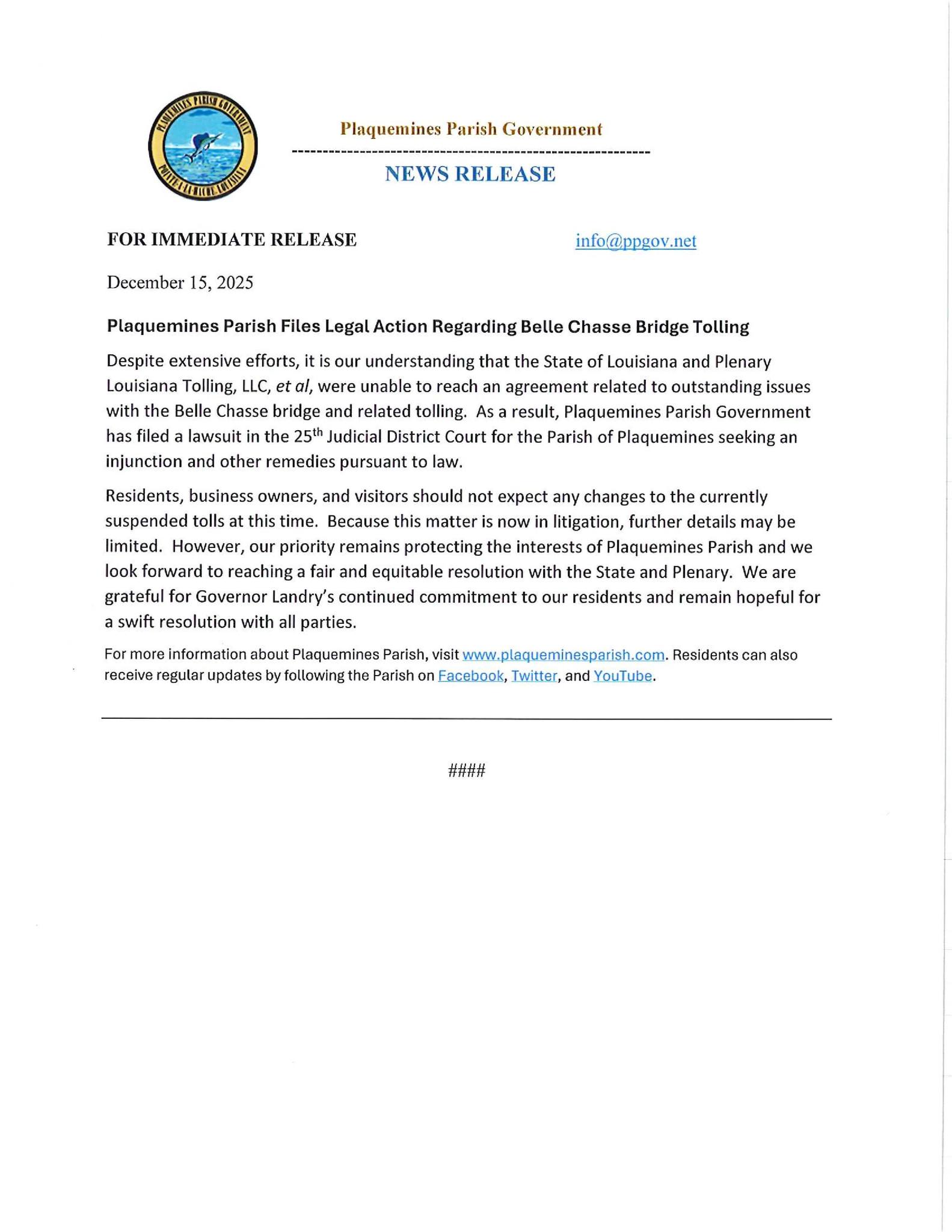 PPG Files Legal Action Regarding Belle Chasse Bridge Tolling